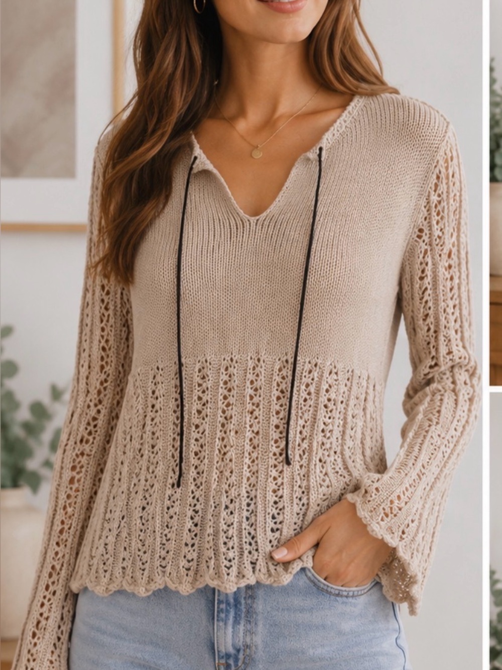 Kathy Ireland XL Tan crotchet Vintage Y2K tie chest cotton blend popover sweater